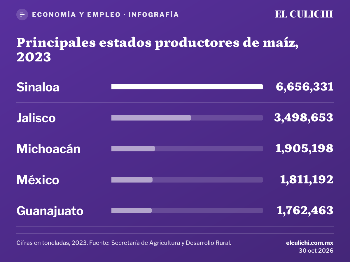 Infografía: Superficie por cultivo en el plan otoño-invierno 2025-2026. Maíz: 469,069 hectáreas; Frijol: 69,944 hectáreas; Garbanzo: 69,635 hectáreas; Trigo: 40,335 hectáreas; Mango: 24,532 hectáreas; Papa: 14,542 hectáreas; Cártamo: 10,609 hectáreas; Tomate: 7,161 hectáreas; Chile: 3,470 hectáreas; Caña: 2,100 hectáreas. Cifras en hectáreas, Ciclo otoño-invierno 2025-2026. Fuente: Gobierno del Estado de Sinaloa.